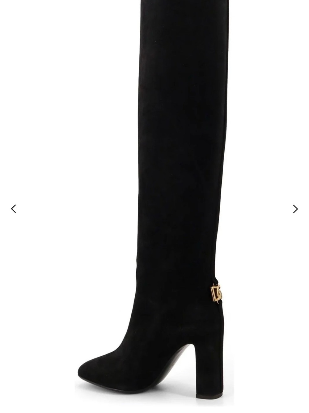 Dolce & Gabbana Black Suede Over-the-Knee Block Heel Boots with Gold Accent.